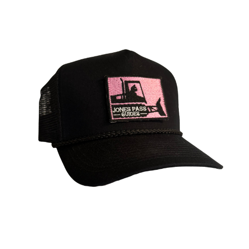 Black Mid Rise Trucker Hat with Pink/Black Embroidered Snowcat Patch