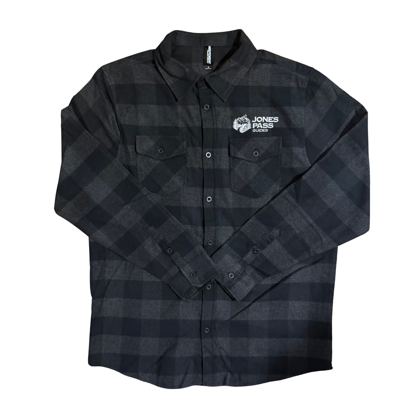 Jones Pass Guides black buffalo plaid flannel shirt with embroidered logo Colorado outdoor apparel