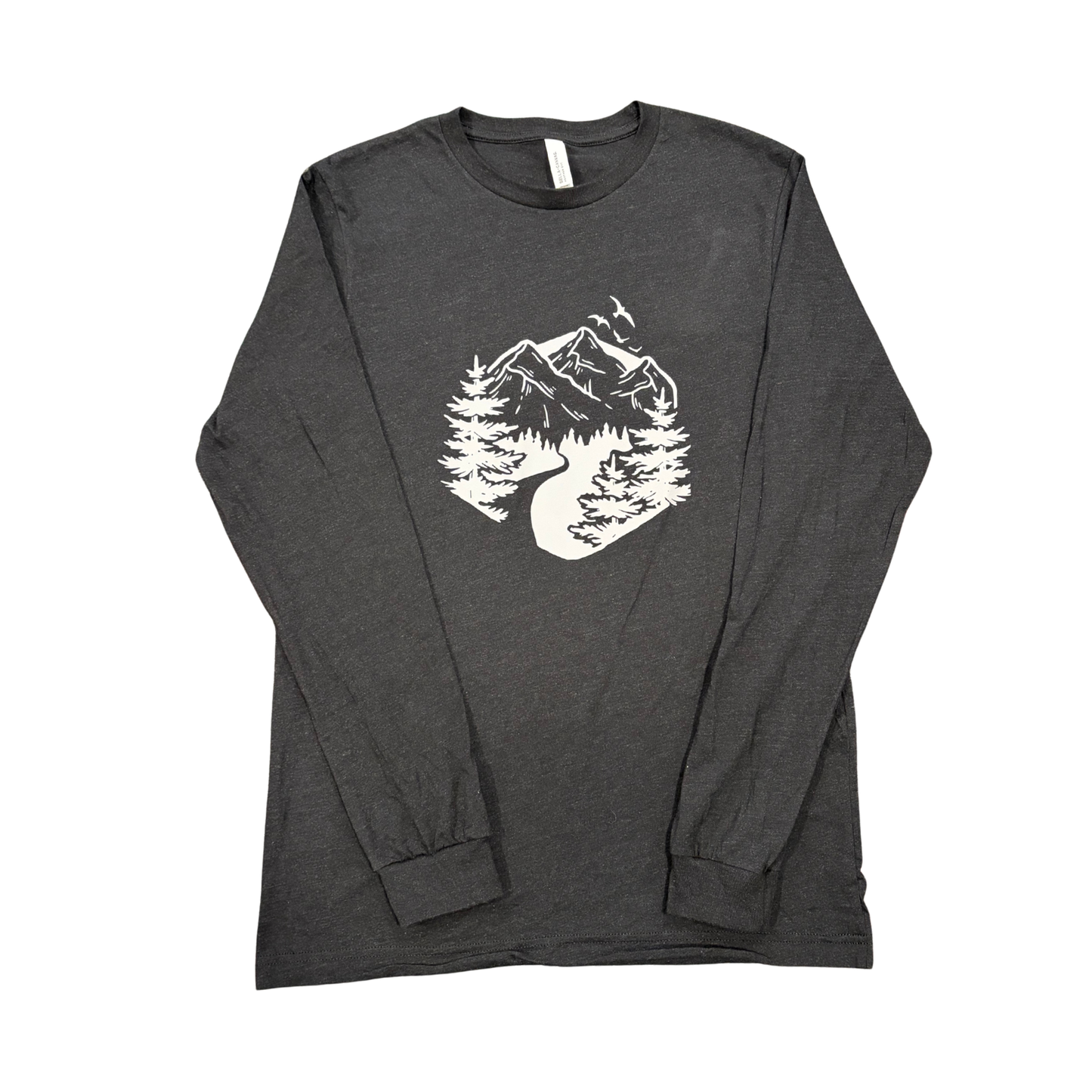 Jones Pass Guides charcoal long sleeve shirt with Colorado mountain graphic outdoor apparel