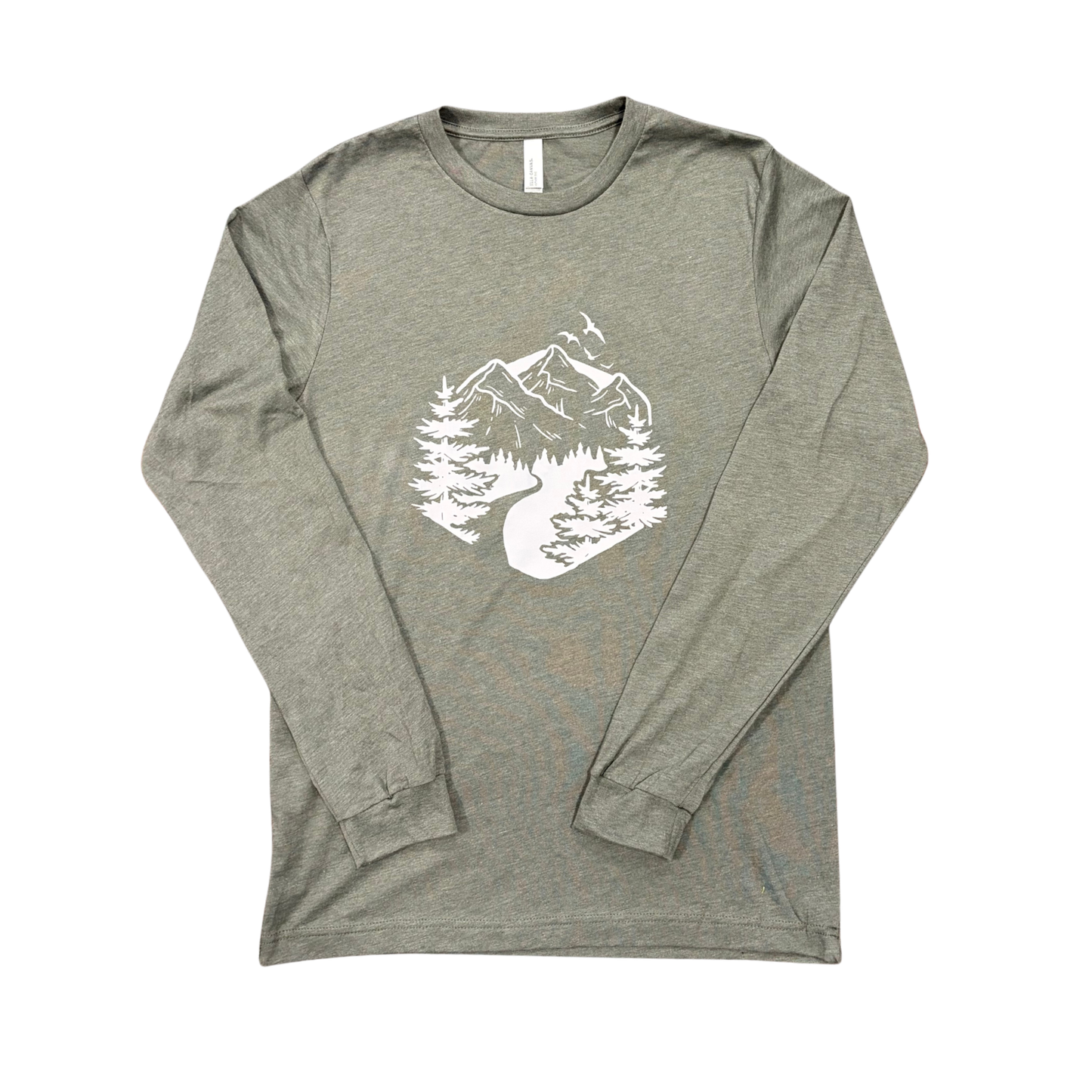 Jones Pass Guides sage green long sleeve shirt with Colorado mountain graphic outdoor apparel