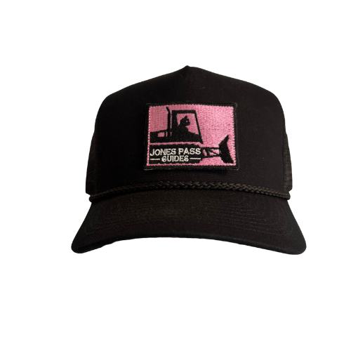 Black Mid Rise Trucker Hat with Pink/Black Embroidered Snowcat Patch