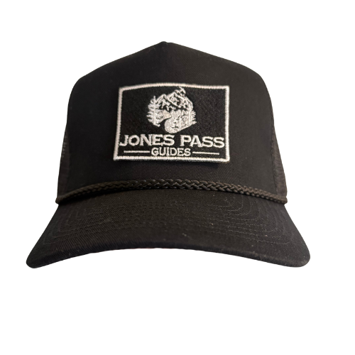 Black Mid Rise Trucker Hat with Jones Pass Guides Embroidered Logo Patch
