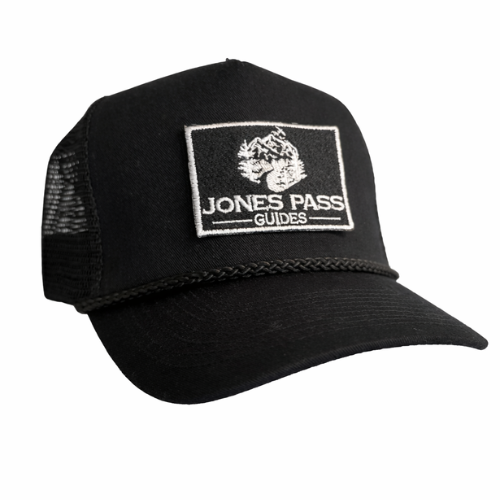 Black Mid Rise Trucker Hat with Jones Pass Guides Embroidered Logo Patch