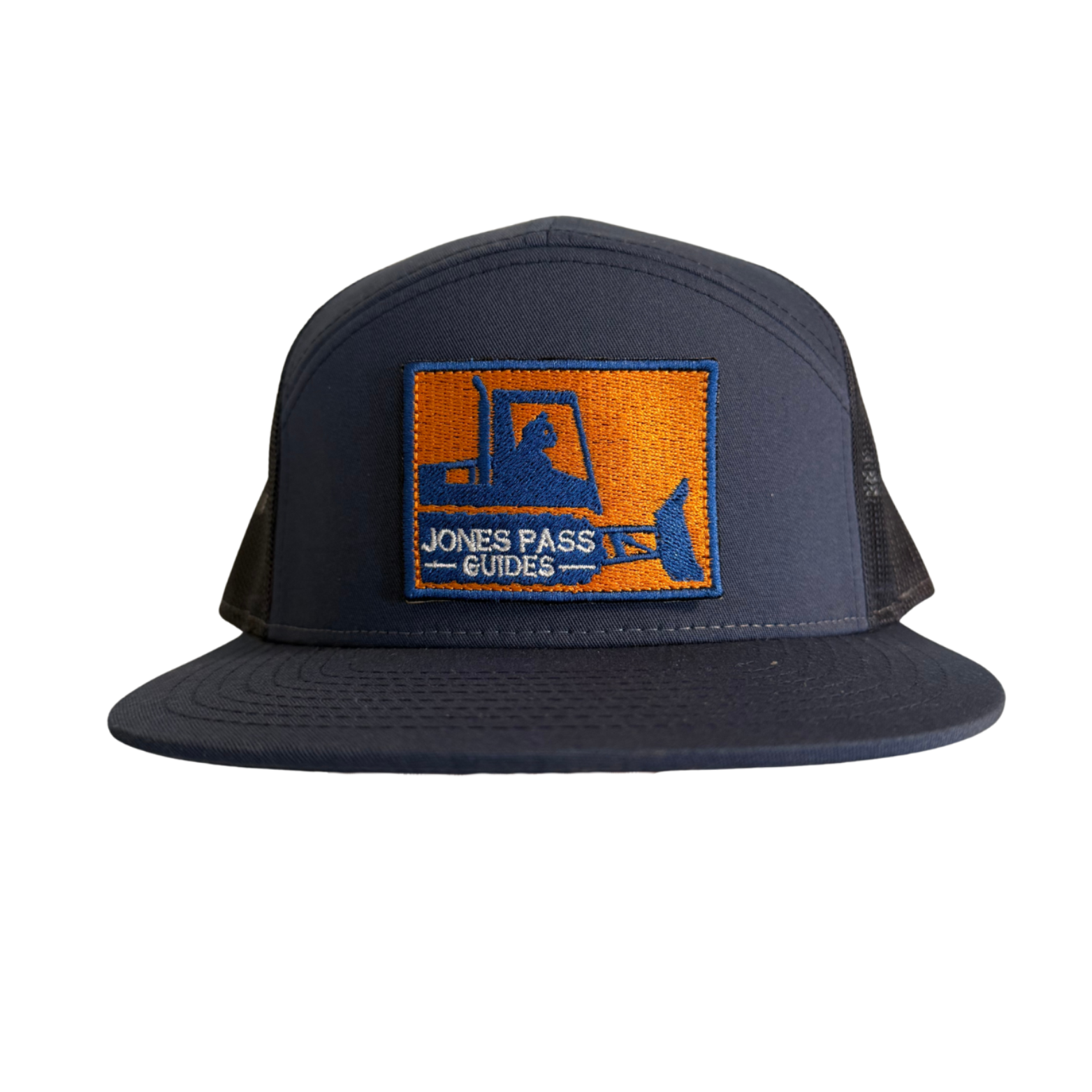 Navy blue cap with orange and blue logo on a white background