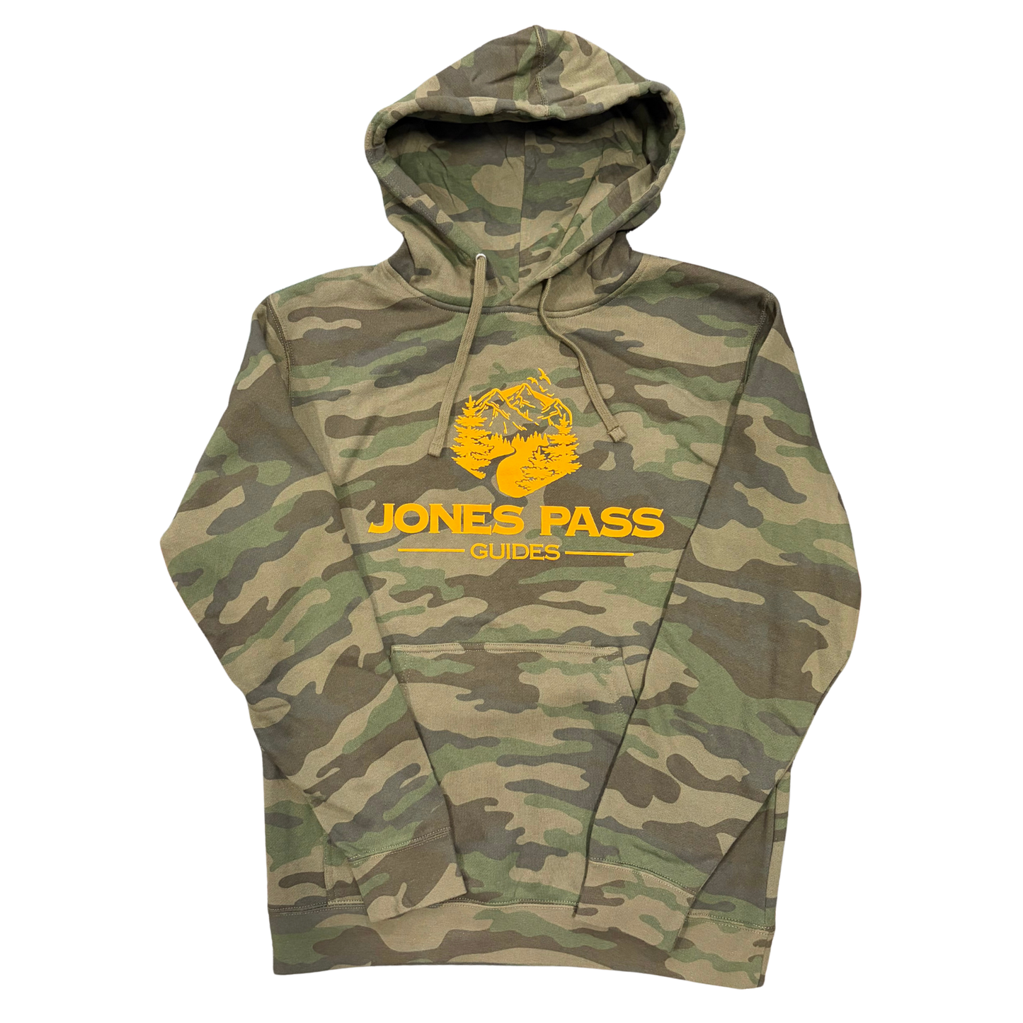 Camouflage hoodie with 'Jones Pass Guides' logo on a white background