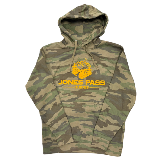 Camouflage hoodie with 'Jones Pass Guides' logo on a white background