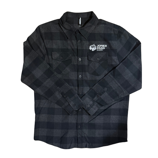 Jones Pass Guides black buffalo plaid flannel shirt with embroidered logo Colorado outdoor apparel