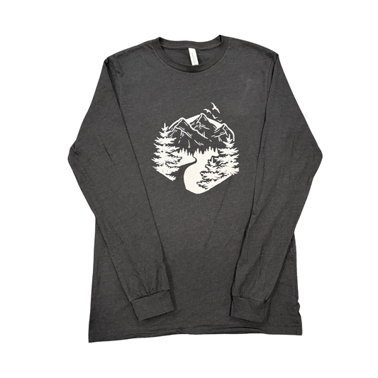 Jones Pass Guides charcoal long sleeve shirt with Colorado mountain graphic outdoor apparel