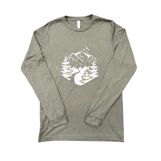 Jones Pass Guides sage green long sleeve shirt with Colorado mountain graphic outdoor apparel