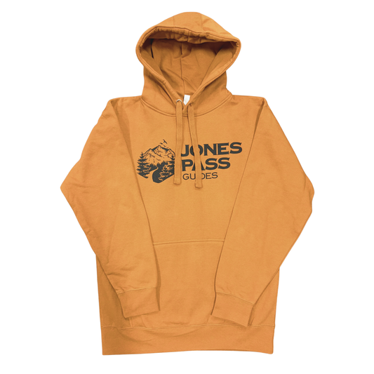 Orange hoodie with 'Jones Pass Guides' logo on a white background